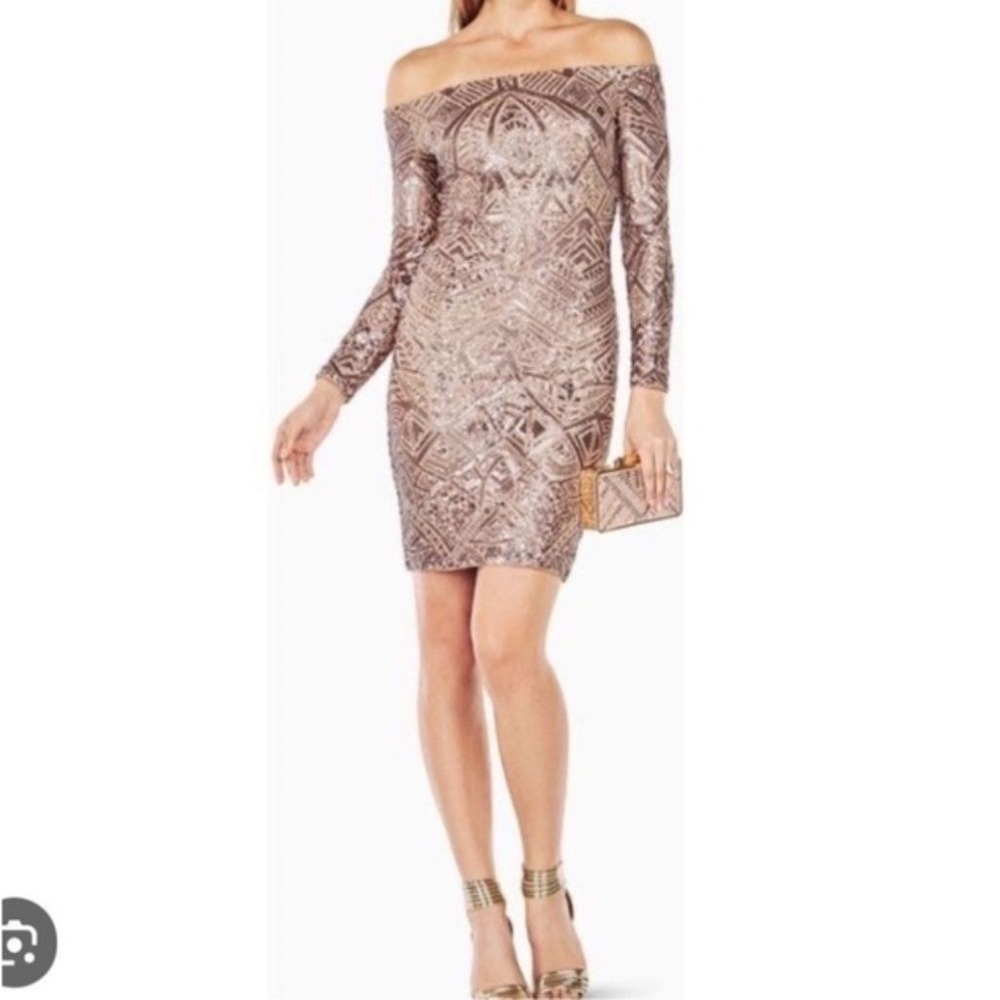 BCBG Max Azria Elegant Off-Shoulder Patterned sequinned Dress size M